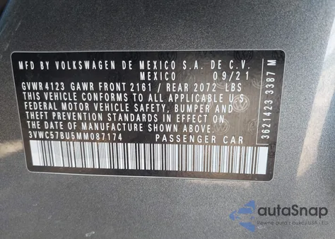 2021 Volkswagen Jetta 1.4T R-Line/1.4T S/1.4T Se из США, поврежденный, VIN 3VWC57BU5MM087174